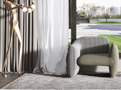 Elegant Curtain Design For Living Room Interior With Checkered Armchair Floor Lamp And Garden View 3d model