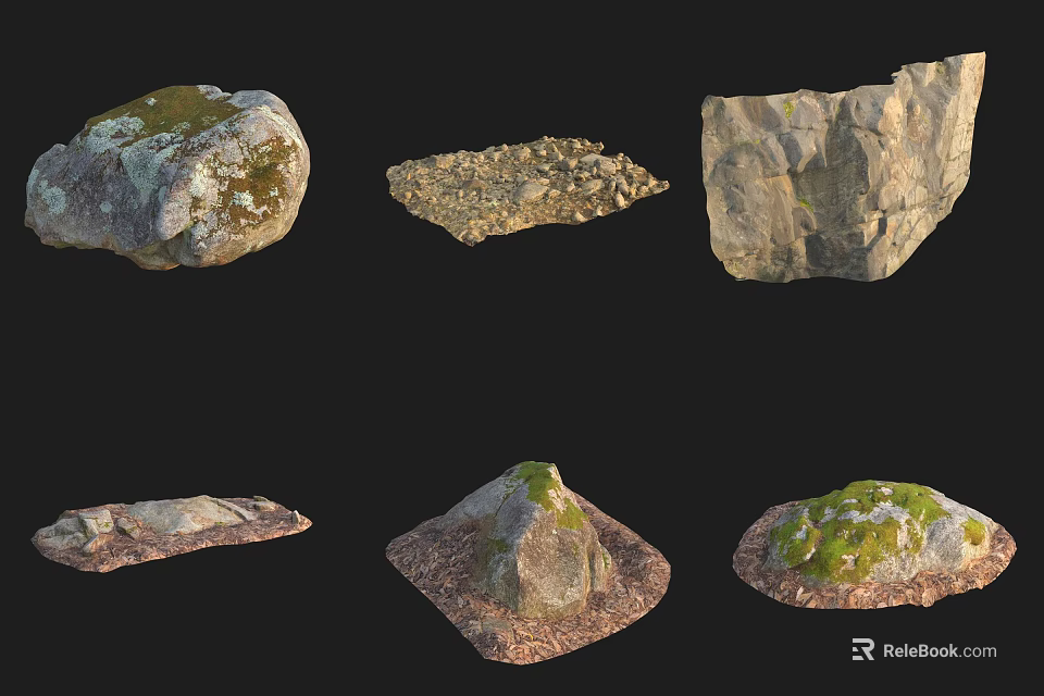Rockery Stones With Various Shapes Moss Covered Surfaces And Natural Textures 3d model 
