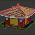 Cartoon Scene Featuring Traditional Red Building With Green Windows Black Tiled Roof And Decorative Eaves