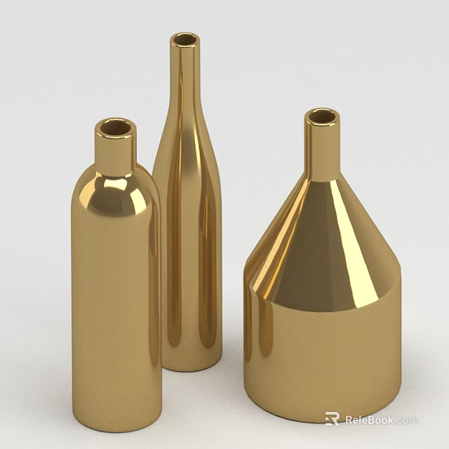 Three Golden Metallic Vases With Shiny Finish And Various Shapes 3d model 