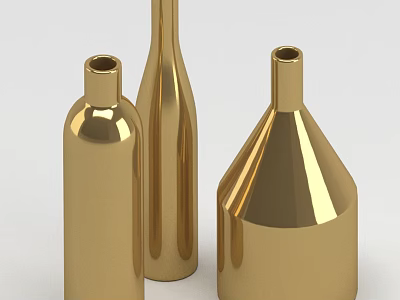 Three Golden Metallic Vases With Shiny Finish And Various Shapes 3d model