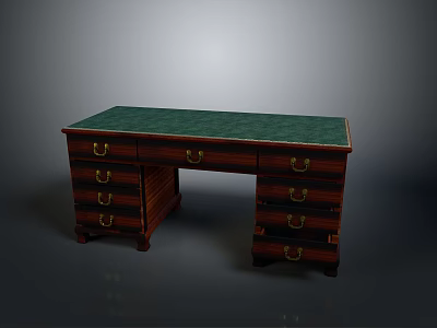 Wooden Dining Table With Green Top And Multiple Drawers Featuring Metal Handles 3d model