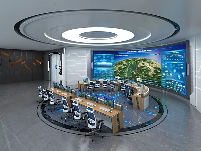 Advanced Control Room With Circular Console Large Screens And Data Displays 3d model