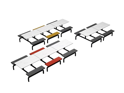 Modern Dining Table Set With White Tabletop And Colorful Benches Design 3d model