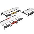 Modern Dining Table Set With White Tabletop And Colorful Benches Design