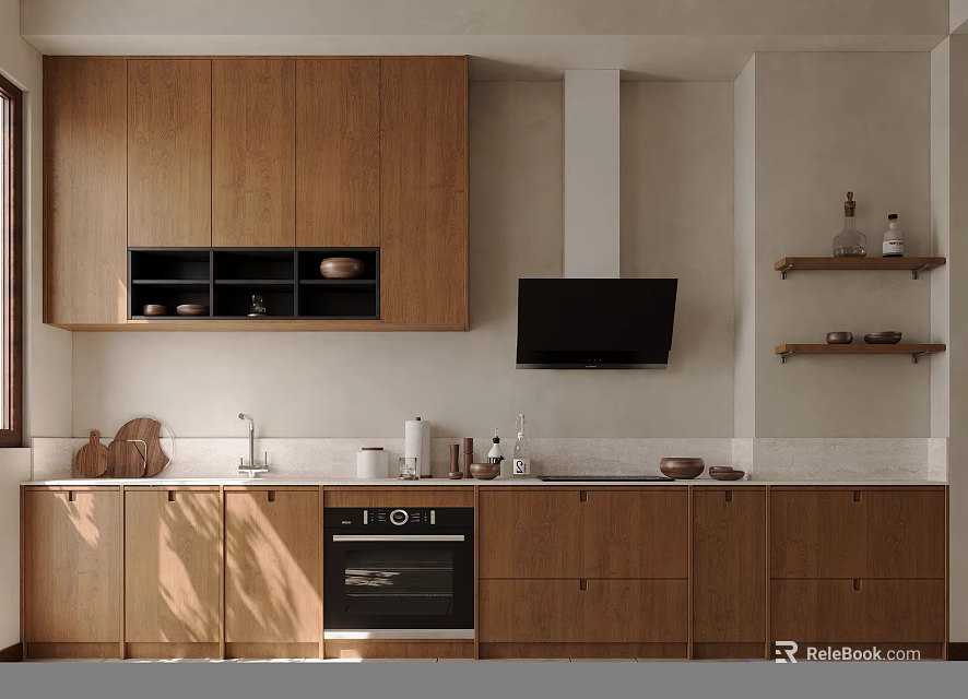 Natural Wood Kitchen Cabinets With Upper Lower Storage Oven Sink And Decorative Items 3d model 