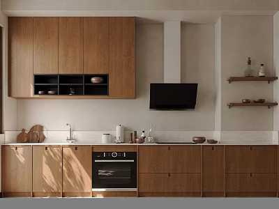 Natural Wood Kitchen Cabinets With Upper Lower Storage Oven Sink And Decorative Items 3d model