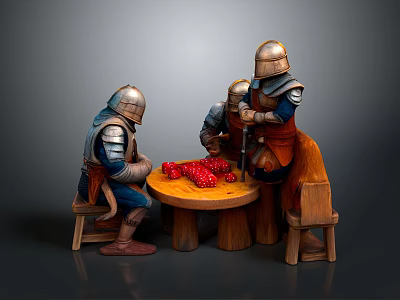 Medieval Knight Miniatures Gathered Around Wooden Table With Red Dice And Stools 3d model
