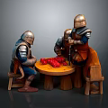 Medieval Knight Miniatures Gathered Around Wooden Table With Red Dice And Stools