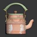 Decorative Pink Teapot With Green Handle And White Textured Patterns For Daily Use