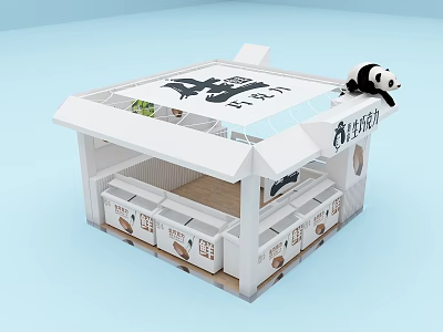 White Booth With Panda Doll And Xiaoyou Youxuan Sign Fresh Produce Crates 3d model