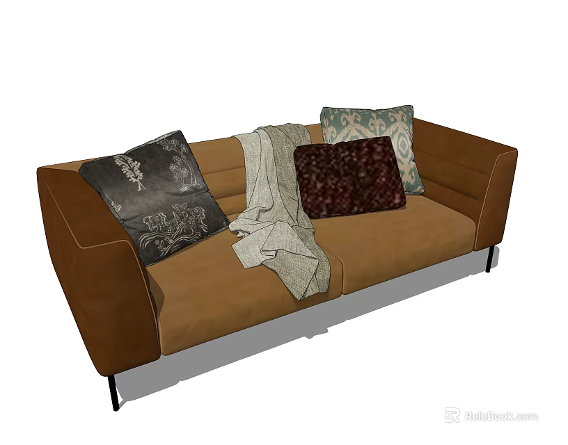 Cozy Brown Double Sofa With Multiple Decorative Pillows And Throw Blanket 3d model