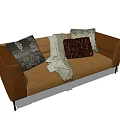 Cozy Brown Double Sofa With Multiple Decorative Pillows And Throw Blanket 3d model