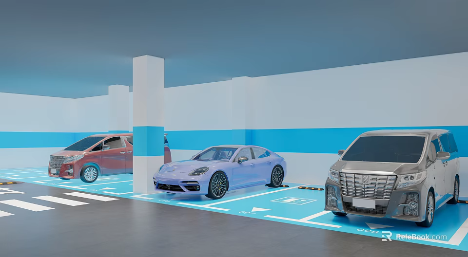 Modern Parking Lot with Parked Multi Colored Cars Blue Lines Arrows and White Pillars 3d model 