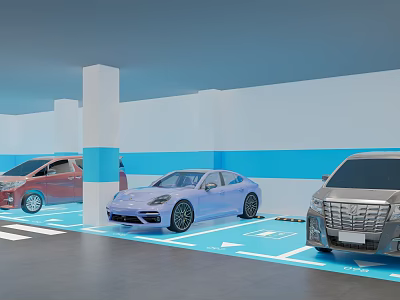 Modern Parking Lot with Parked Multi Colored Cars Blue Lines Arrows and White Pillars 3d model