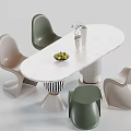 Modern Oval White Marble Dining Table Set With Green Beige Chairs And Vase Fruit Bowl