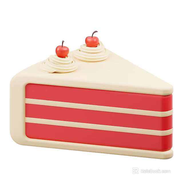 Layered Red and White Cake Slice With Cream Swirls and Cherries on Top 3d model 