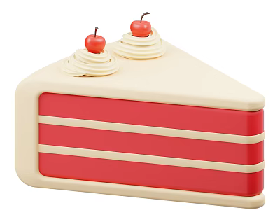 Layered Red and White Cake Slice With Cream Swirls and Cherries on Top 3d model