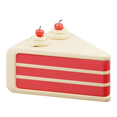 Layered Red and White Cake Slice With Cream Swirls and Cherries on Top 3d model