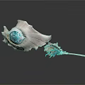 Two Ornate Shell Shaped Weapons With Blue Gemstone And White Blue Decorative Details
