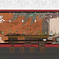 Chinese Tea Interior With Red Wall Featuring Tea Character Landscape Painting Wooden Table And Stools