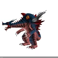 Roaring Fantasy Creature Character With Silver Horns Glowing Orange Eyes And Red Blue Striped Body