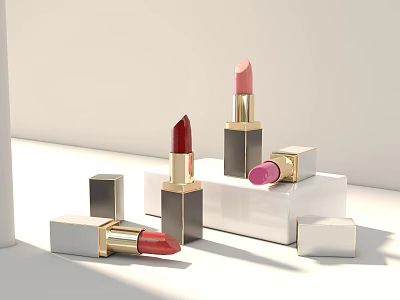 Luxury Cosmetic Lipsticks With Various Colors And Golden Cases On White Display Stands 3d model
