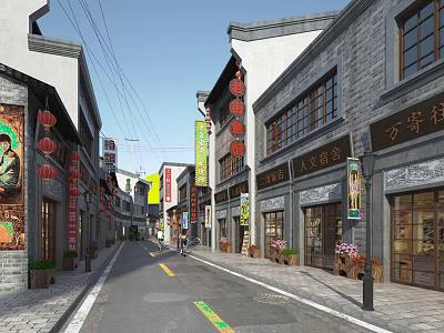 Ancient Style Commercial Street With Traditional Architecture Red Lanterns Store Signs And Pedestrians 3d model
