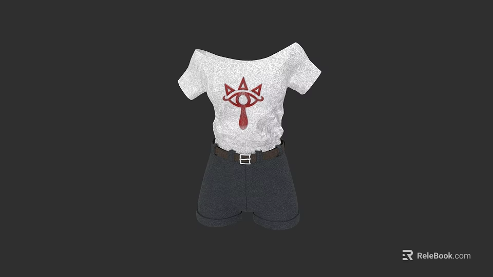 White Off Shoulder Top With Red Graphic And Dark Gray Shorts With Belt 3d model 