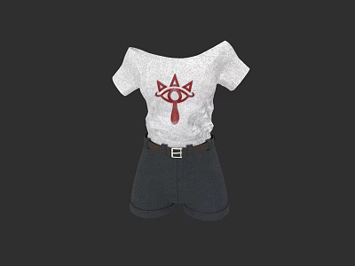 White Off Shoulder Top With Red Graphic And Dark Gray Shorts With Belt 3d model