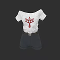 White Off Shoulder Top With Red Graphic And Dark Gray Shorts With Belt