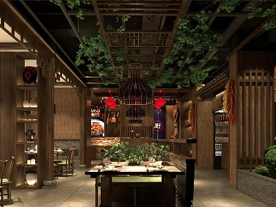 Warm Traditional Chinese Style Restaurant Interior Design With Wooden Structure And Natural Green Plants 3d model