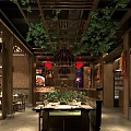 Warm Traditional Chinese Style Restaurant Interior Design With Wooden Structure And Natural Green Plants