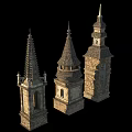 Ancient Architectural Towers With Diverse Spires Stone Structures And Arched Doorways 3d model