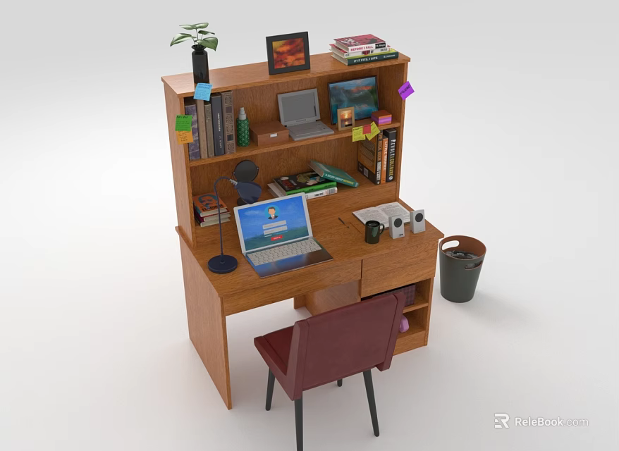 Home Office Wooden Desk With Bookshelf Chair Laptop Books Lamp And Green Plant 3d model 