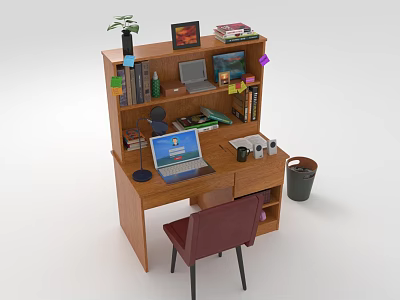 Home Office Wooden Desk With Bookshelf Chair Laptop Books Lamp And Green Plant 3d model