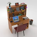 Home Office Wooden Desk With Bookshelf Chair Laptop Books Lamp And Green Plant