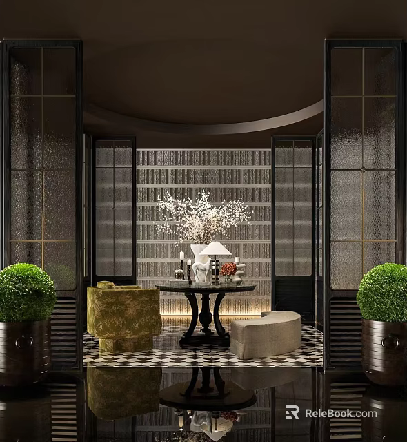 Modern Hotel Lobby Interior Design With Sofa Decorative Plant And Chandelier 3d model 