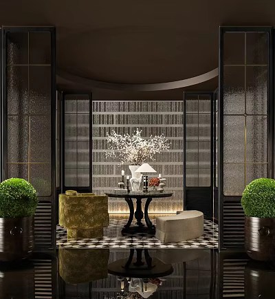 Modern Hotel Lobby Interior Design With Sofa Decorative Plant And Chandelier 3d model