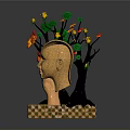 Tree Sculpture With Green Leaves Red Yellow Flowers Trunk Face Hand Holding Cheek Checkerboard Base