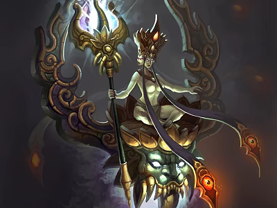 Game and Movie Character With Ornate Staff Golden Crown And Dragon Head Mount 3d model