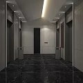 Modern Elevator Hallway Design With Gray Walls Black Marble Flooring And Ceiling Lighting 3d model