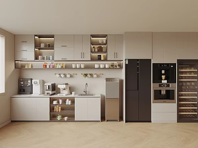 Modern Pantry Interior Design With Cabinets Coffee Machine Refrigerator Countertop And Storage Shelves 3d model