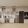 Modern Pantry Interior Design With Cabinets Coffee Machine Refrigerator Countertop And Storage Shelves