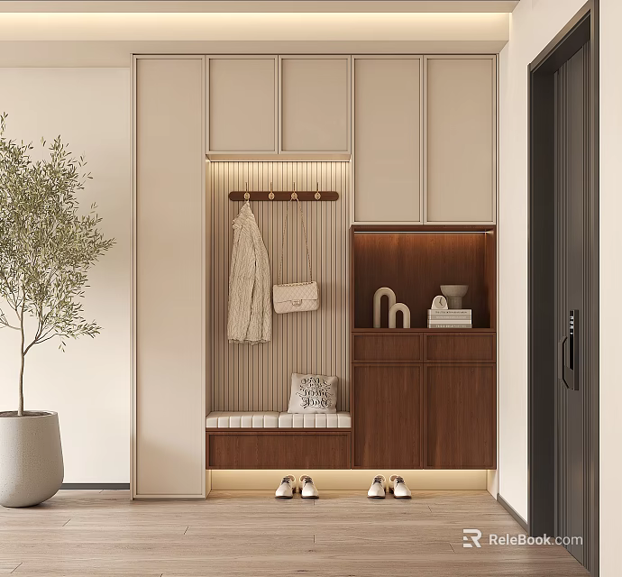 Modern Minimalist Luxury Entryway Shoe Cabinet with Clothing Hanging Area Shoe Bench and Green Plant 3d model 
