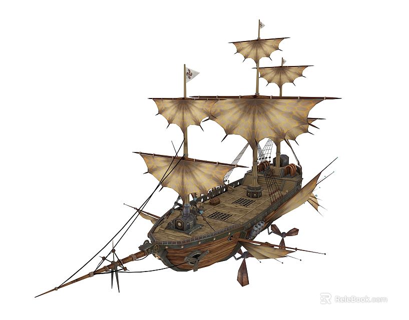 Sailing Ship With Tall Masts Multiple Canvas Sails And Wooden Deck Structure 3d model 