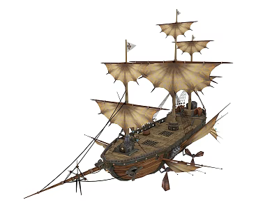Sailing Ship With Tall Masts Multiple Canvas Sails And Wooden Deck Structure 3d model