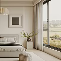 Modern Minimalist Bedroom Interior Design With Ceiling Medallion Chandelier And Large Window Curtains