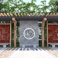 Traditional Chinese Station With Wooden Pergola Red Lattice Windows Stone Wall Circular Emblem And Benches