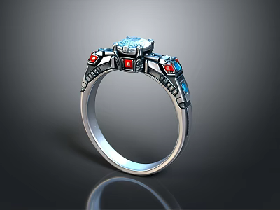 Decorative Ring With Silver Band Blue And Red Gemstones Elegant Design For Daily Wear 3d model